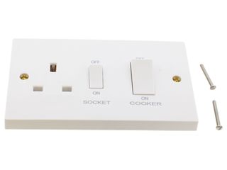 POLAR 45A 2 GANG DP SWITCH WITH 13A DP SWITCHED SOCKET & WHITE ROCKERS