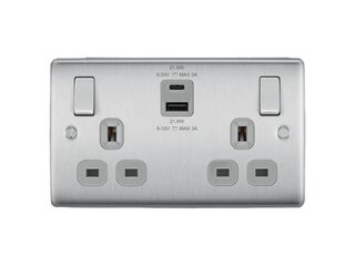 BG NBS22UAC22G-01 2 Gang SP Switched Socket c/w USB A & C Ports - Brushed Stee